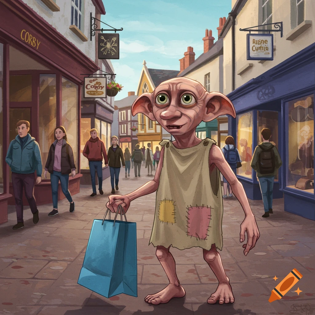 Dobby, the house-elf, holds a shopping bag while walking through a busy town center with shops and people in an illustrative style.