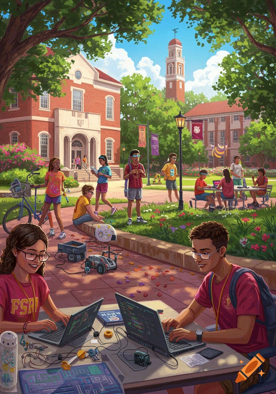 An vibrant illustration of a technology-based summer camp on a college campus with students engaged in outdoor activities, working on laptops and robotics.