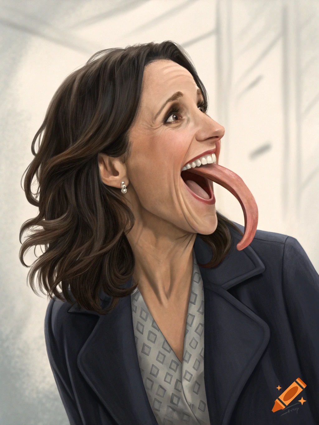 Caricature of Julia Louis-Dreyfus with a very long tongue sticking out, smiling, wearing a dark blue jacket.