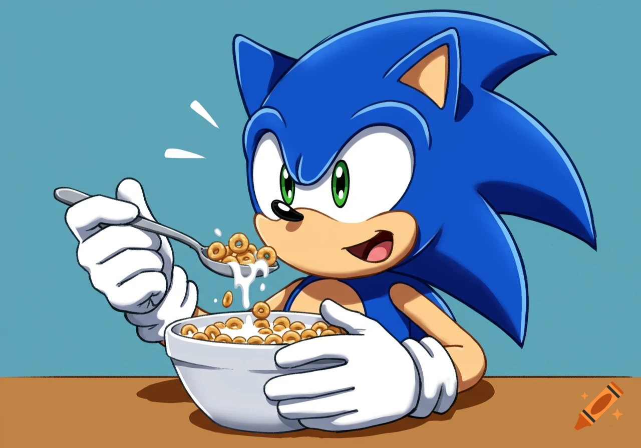 Sonic the Hedgehog happily eating a bowl of cereal with a spoon, milk dripping.