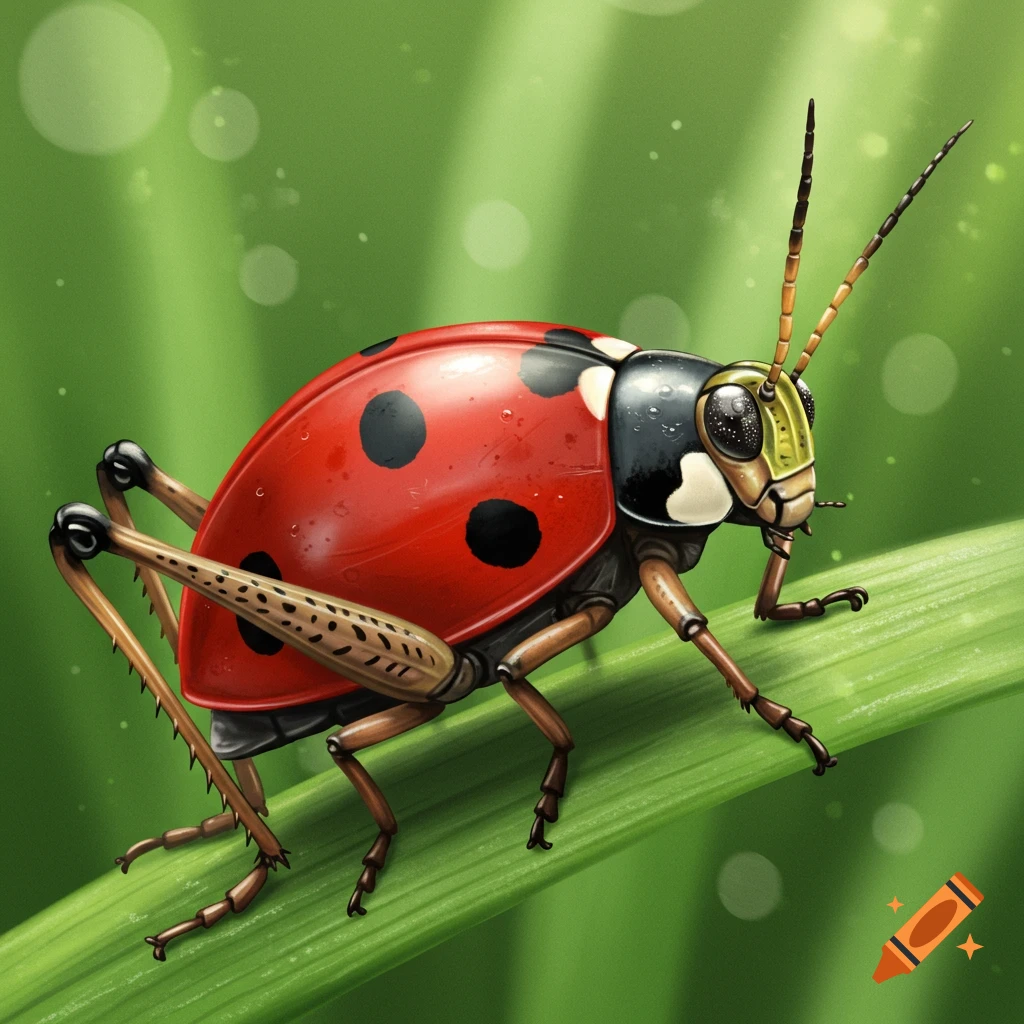 A close-up illustration of a red and black ladybug-grasshopper hybrid insect with long antennae, perched on a green blade of grass.