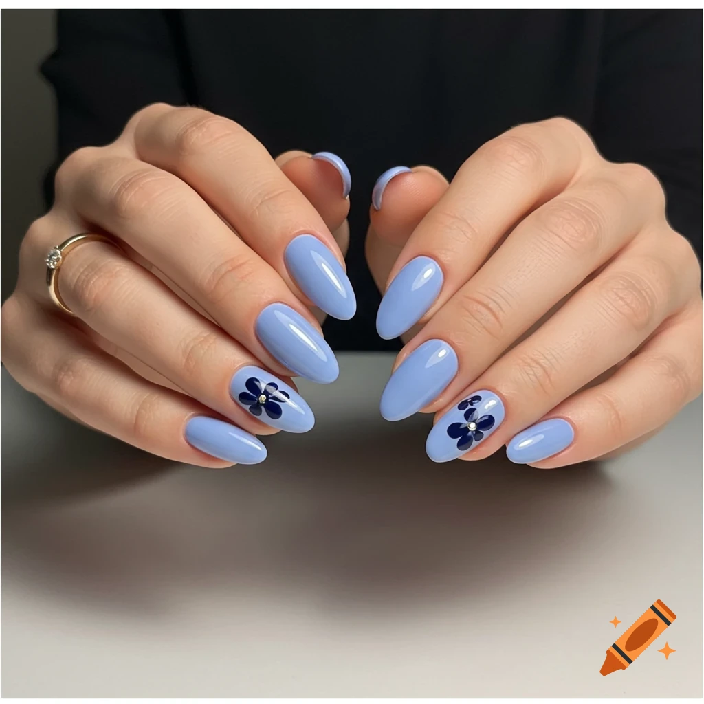 Close-up of hands with light blue almond-shaped nails, two with dark blue flower designs, and a gold ring on the left hand.