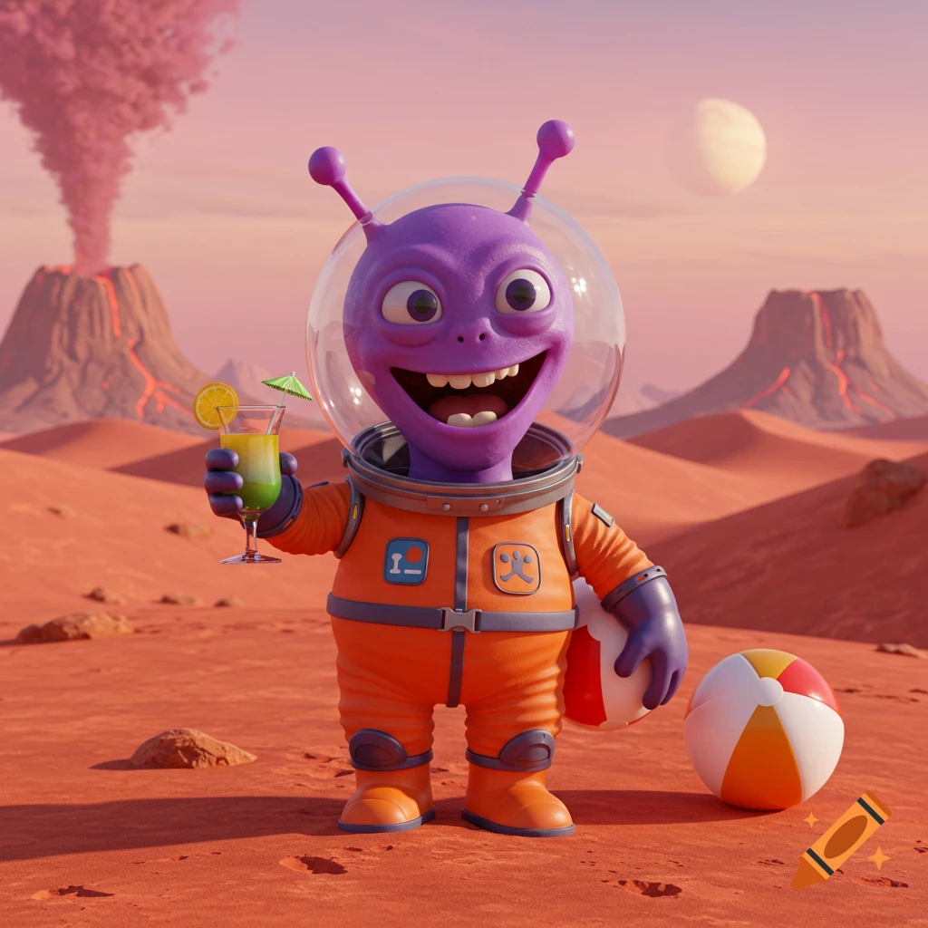 A cartoon alien in an orange astronaut suit on Mars, holding a cocktail, with volcanoes and a beach ball.