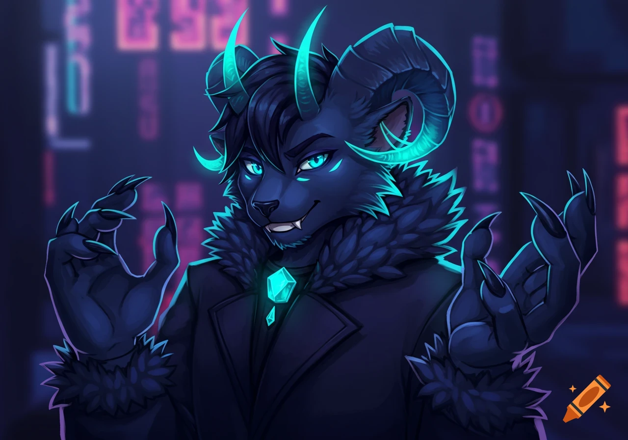 A dark blue fursona character with glowing cyan horns and eyes, sharp claws, and a coat, standing against a blurry neon background.
