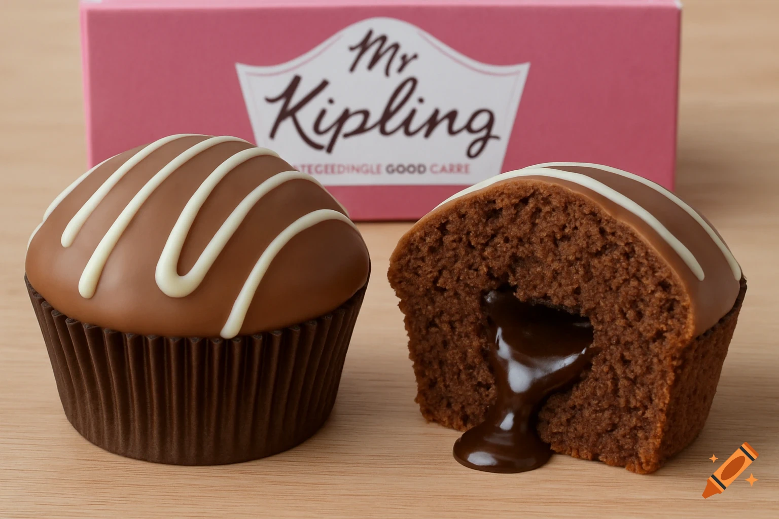 Two photorealistic chocolate muffins on a wooden surface, one whole and one cut open with molten chocolate dripping, with a pink Mr Kipling box in the background.