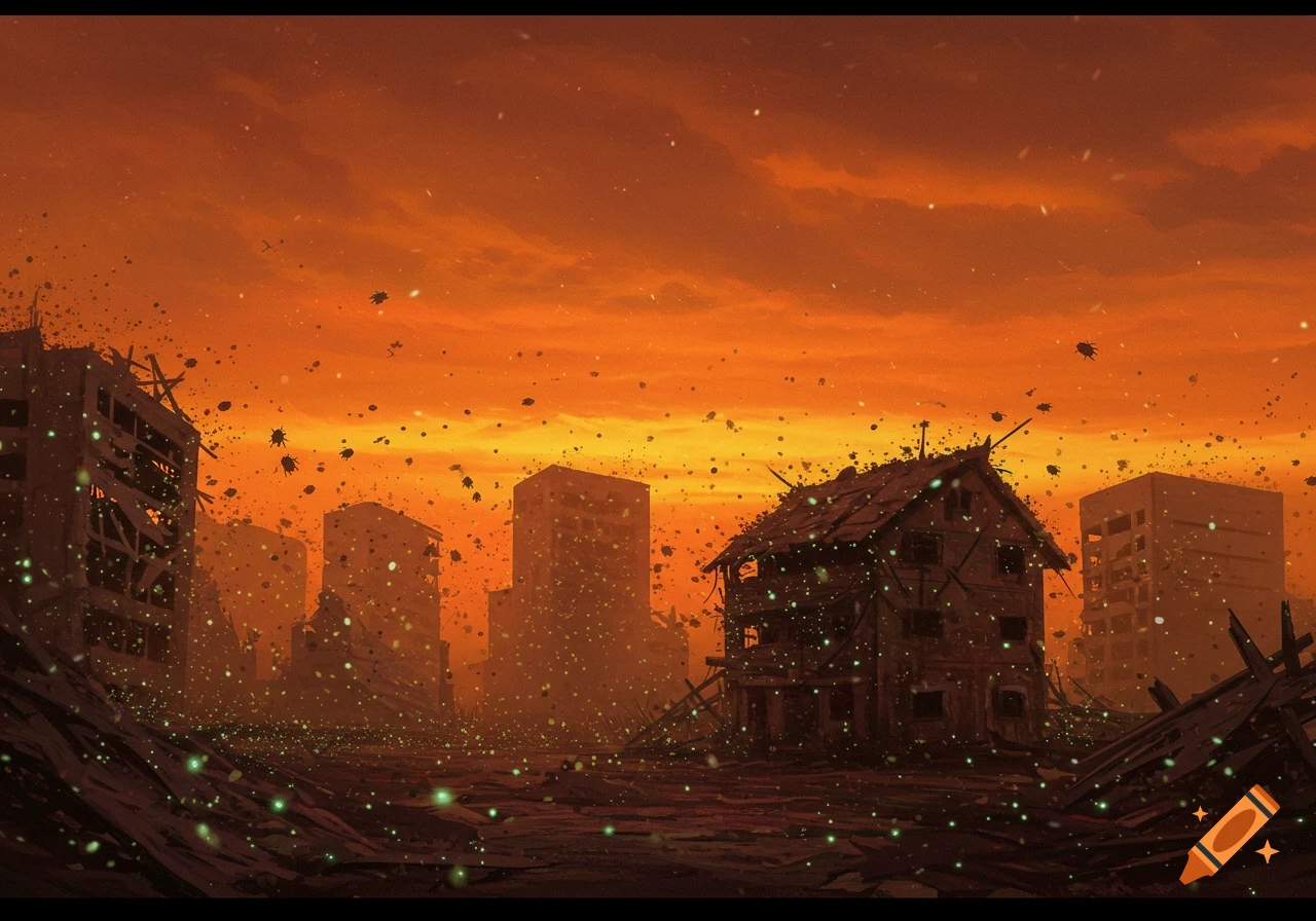 A digital painting depicts a ruined city under a vibrant orange sky, with dark flying insects and glowing green particles.