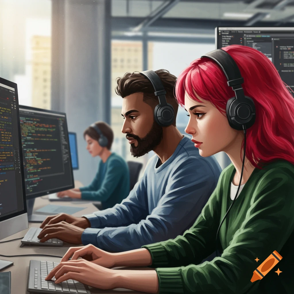 Two people with headphones work at computers in a brightly lit office, another person works in the background.