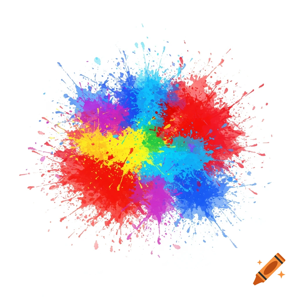 A vibrant, dynamic paint splash in red, blue, yellow, green, and purple on a white background.
