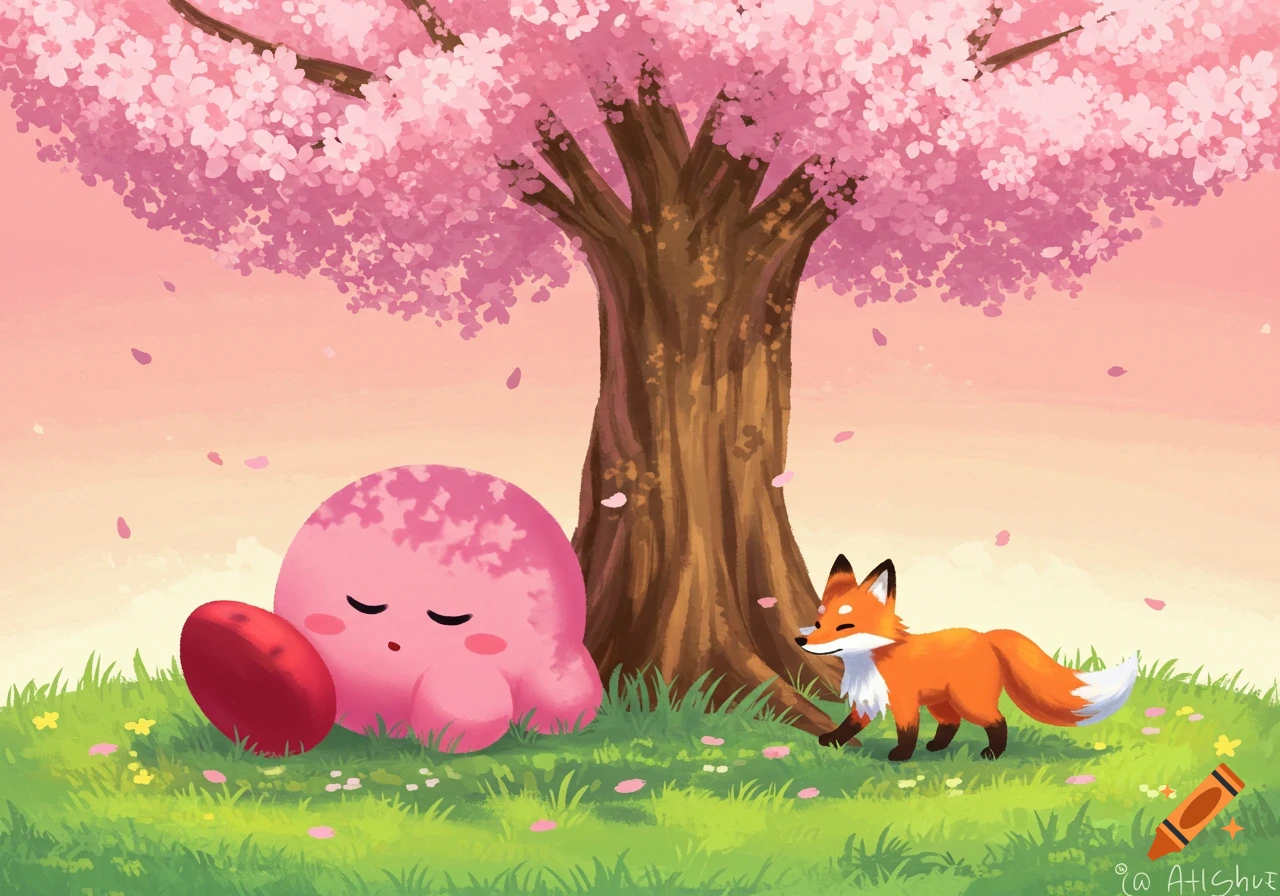 Kirby sleeps under a pink cherry blossom tree as a small red fox walks by in a pastel illustrated grassy field.