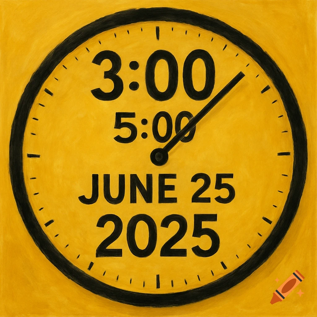 A yellow clock face with black markings and hands, displaying "3:00", "5:00", "JUNE 25", and "2025".