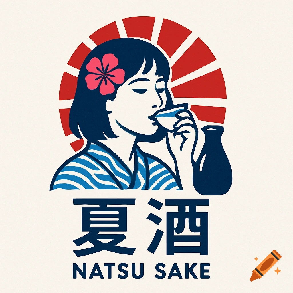 Pop-art logo of a Japanese woman in a kimono drinking sake, with Japanese characters '"夏酒"' and 'NATSU SAKE' below. Red sun rays in the background.