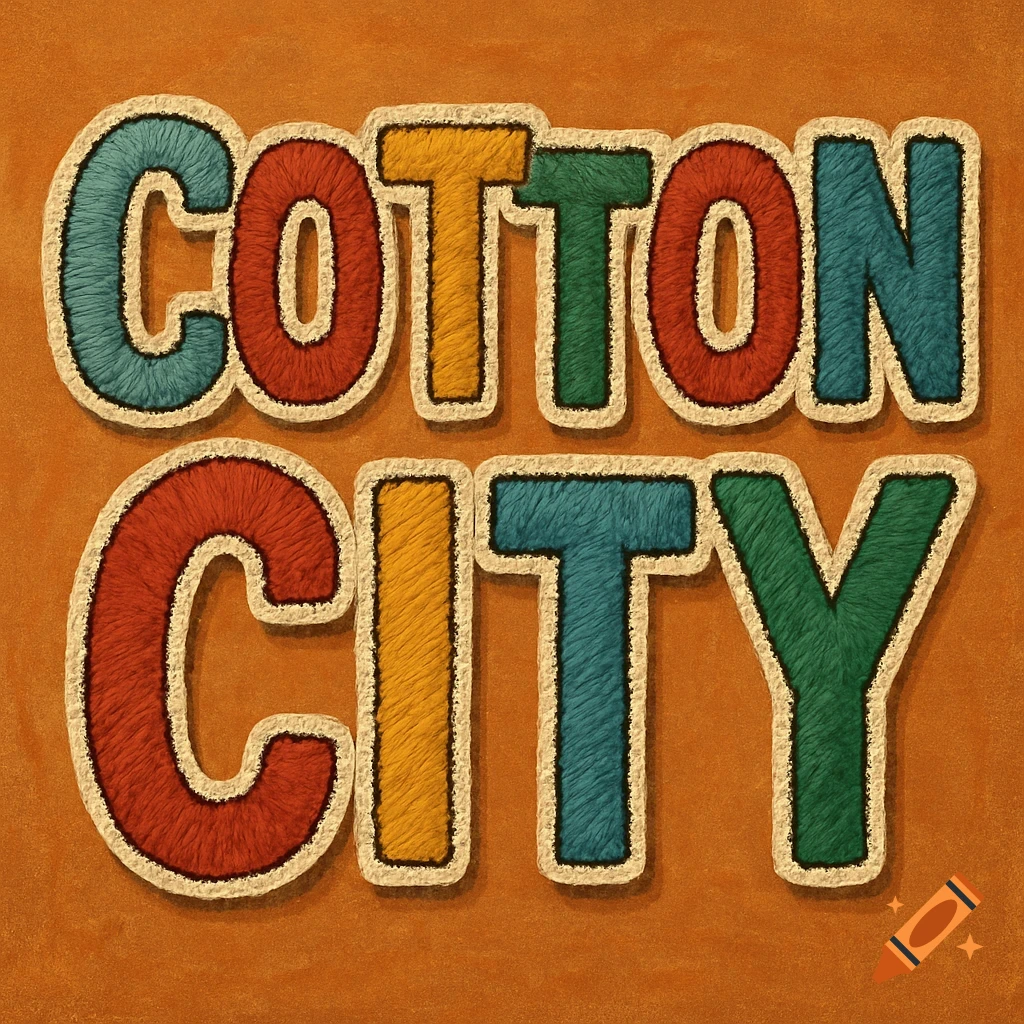 Colorful embroidered letters spell "COTTON CITY" on an orange background, styled like patches.