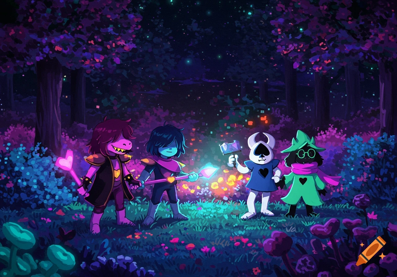 Four colorful Deltarune characters, Susie, Kris, Lancer, and Ralsei, stand in a glowing, purple and blue magical forest.