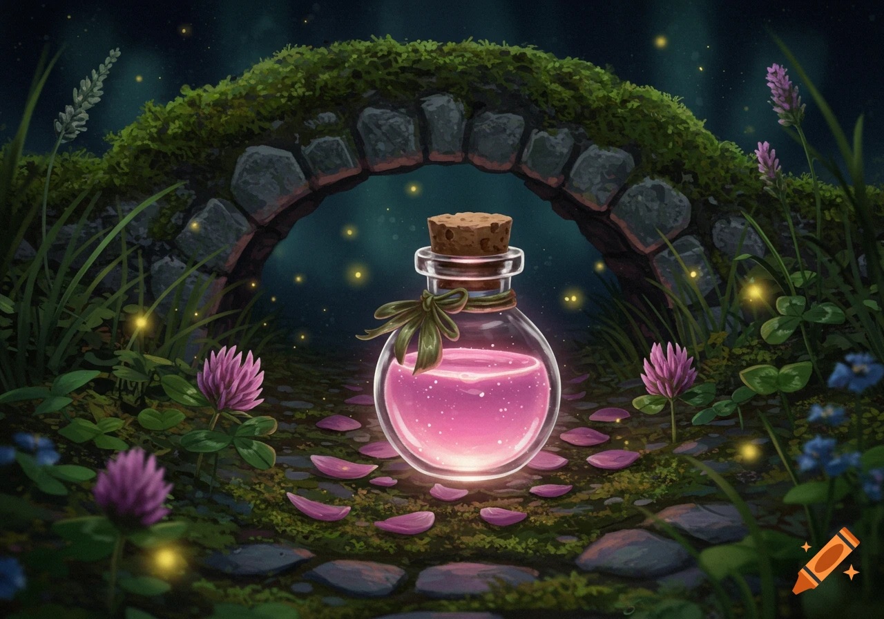 A glowing pink potion bottle sits on moss and petals under a stone bridge at night, with fireflies and clover.