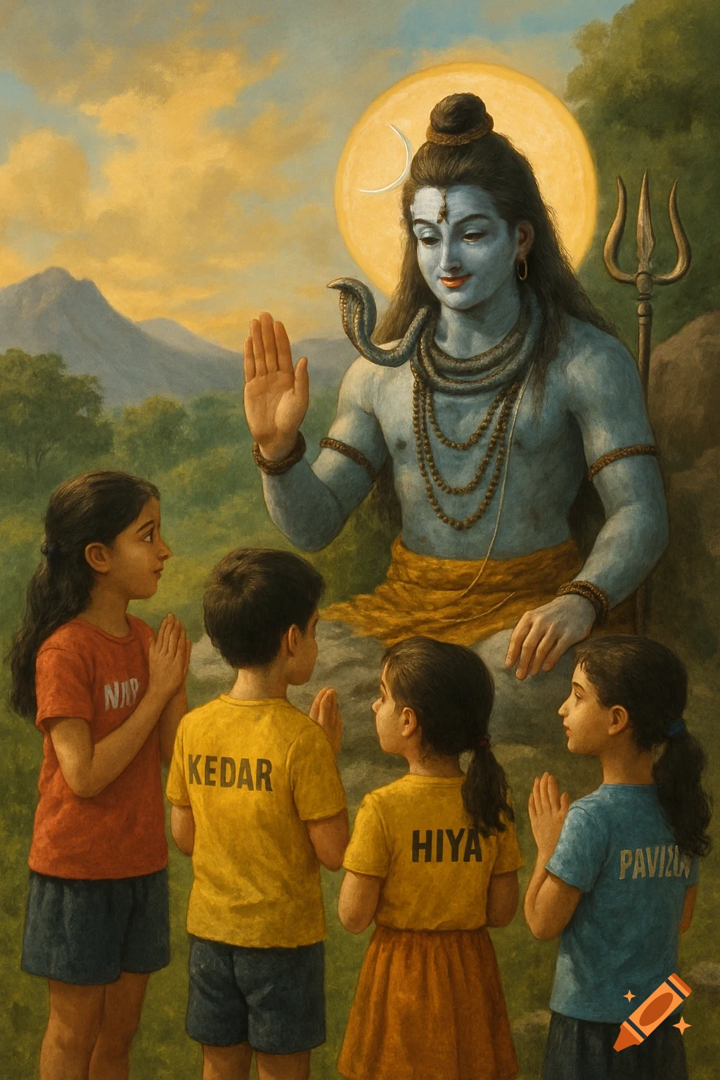 Lord Shiva, blue-skinned with a snake around his neck, blesses four children in a lush, outdoor setting with a golden sky.