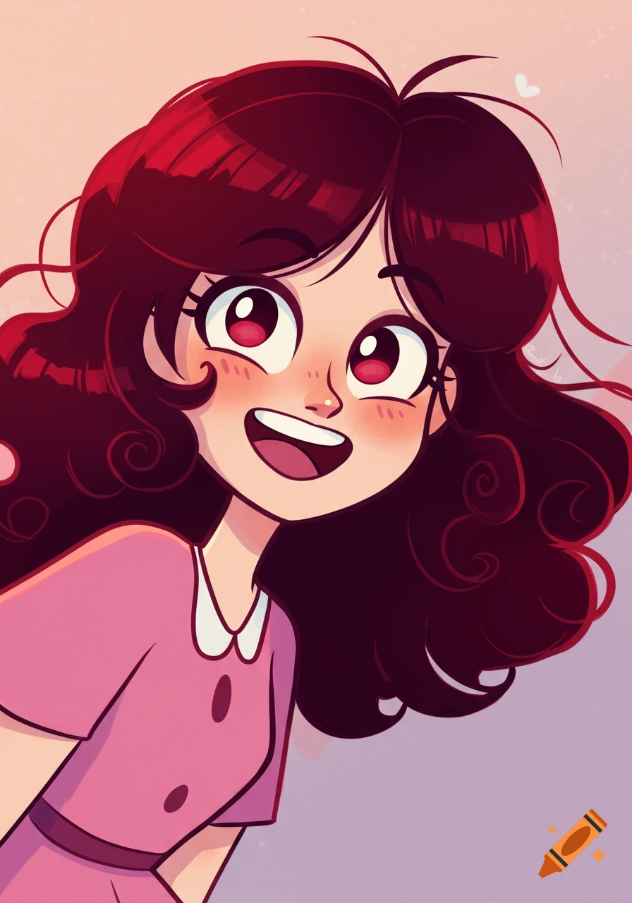 A cartoon girl with dark red curly hair and red eyes, smiling in a pink dress.