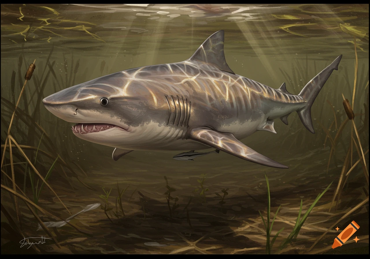 A bull shark swims in murky underwater reeds with sunlight streaming from above, in a realistic style.