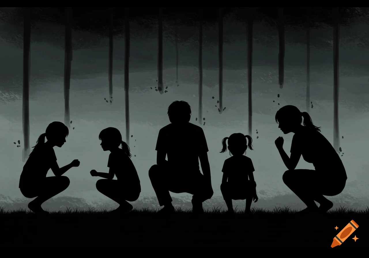 Five dark silhouettes of adults and children crouch on grass against a dark, moody background with vertical lines and scattered dots, appearing to protect themselves from falling elements in a minimalist illustration.