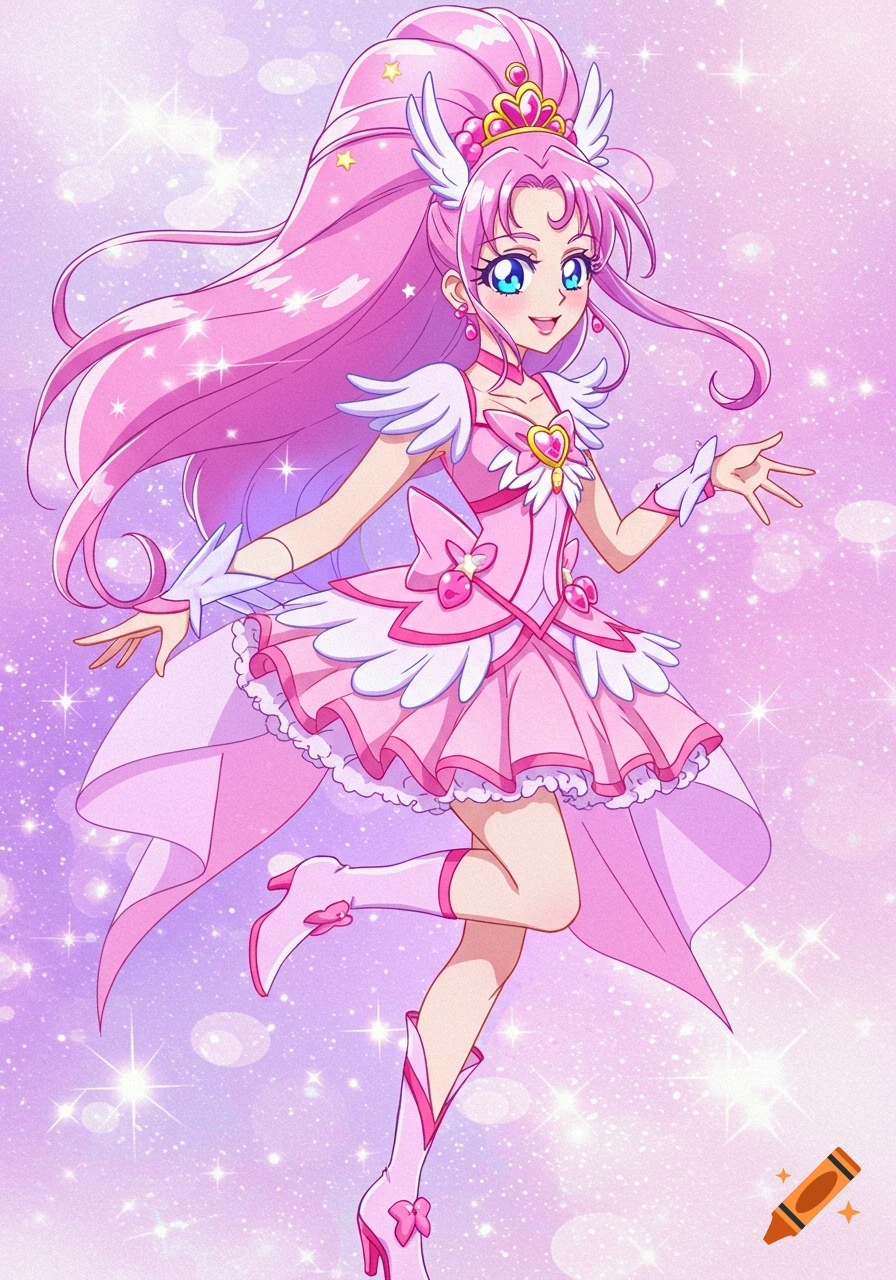 An anime magical girl with pink hair and blue eyes, wearing a frilly pink dress with a heart brooch, wings, and a crown, against a sparkling pink background.