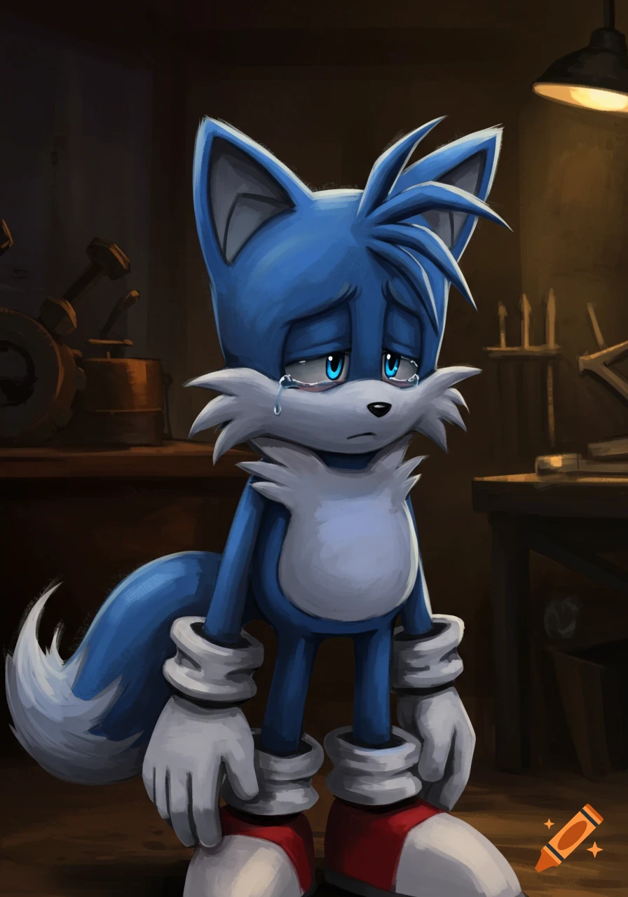 A blue fox character resembling Tails looks sad and cries in a dimly lit workshop.