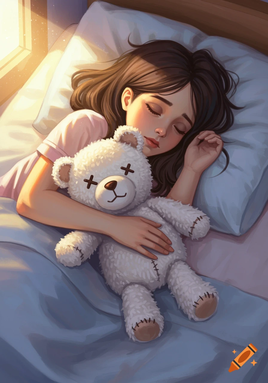 An illustrated depiction of a young girl sleeping peacefully in bed, cuddling a white teddy bear, with warm light from a window.