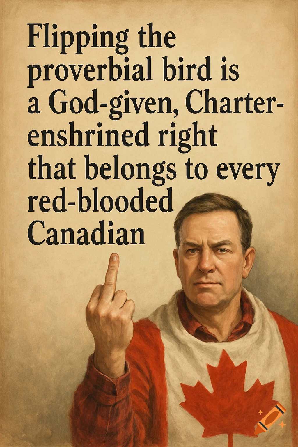 A man in a Canada flag bib gives the middle finger, with text above him about it being a God-given right.