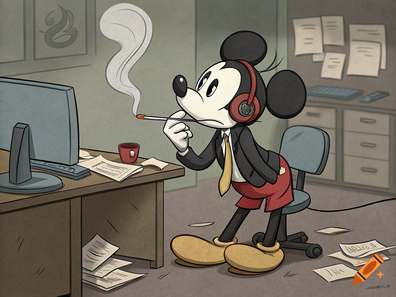 Mickey Mouse in a suit and tie, wearing headphones, smoking a cigarette in a messy office with papers on the desk.