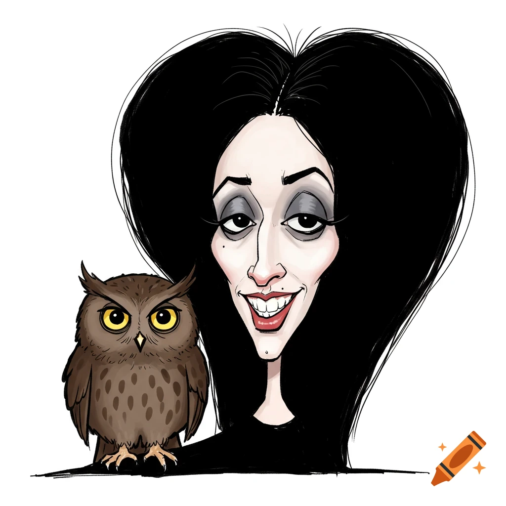 A hand-drawn caricature illustration of a pale woman with voluminous black hair smiling beside a brown owl with yellow eyes.