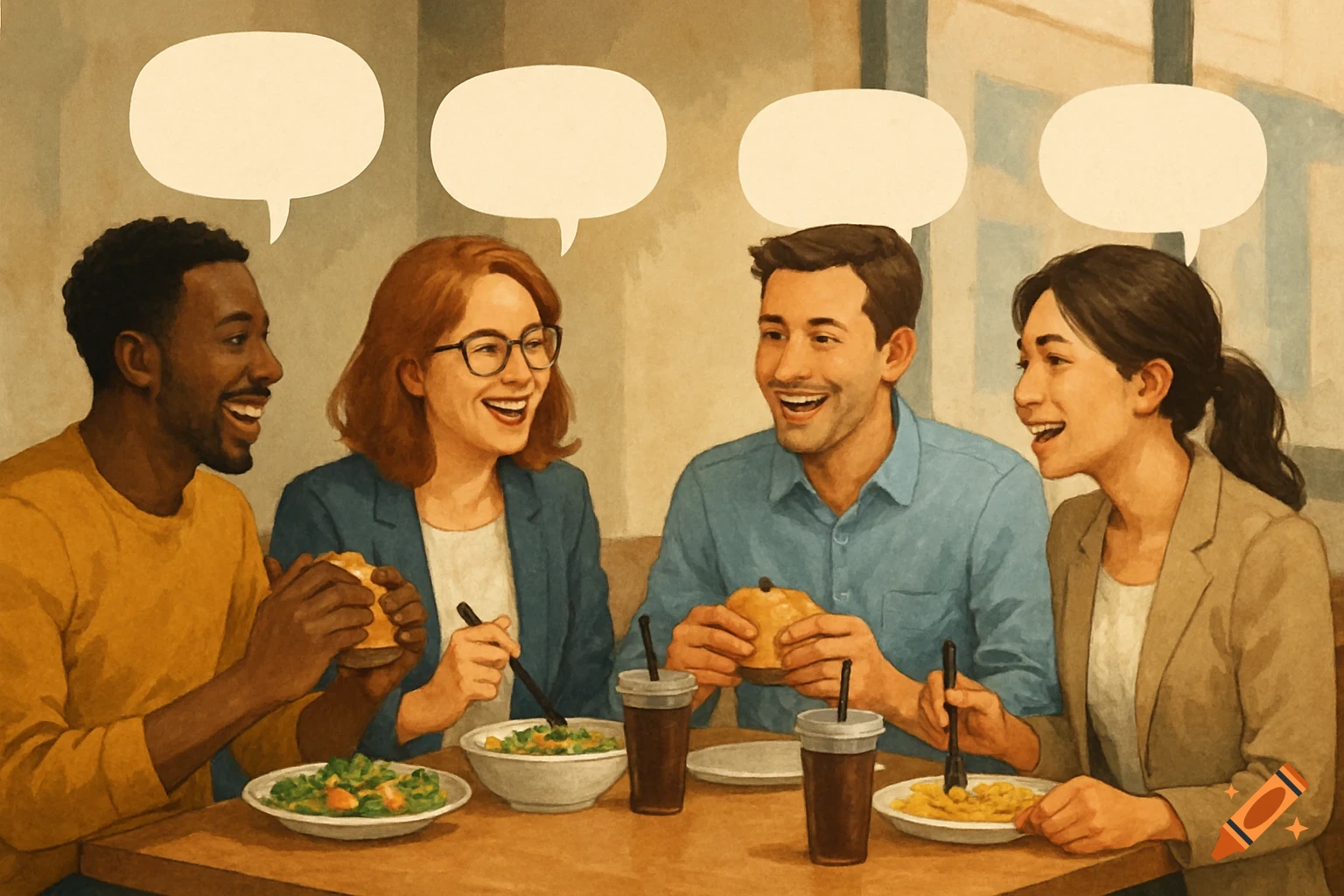Four smiling coworkers eating lunch at a table, with empty speech bubbles above their heads, in an illustrated style.