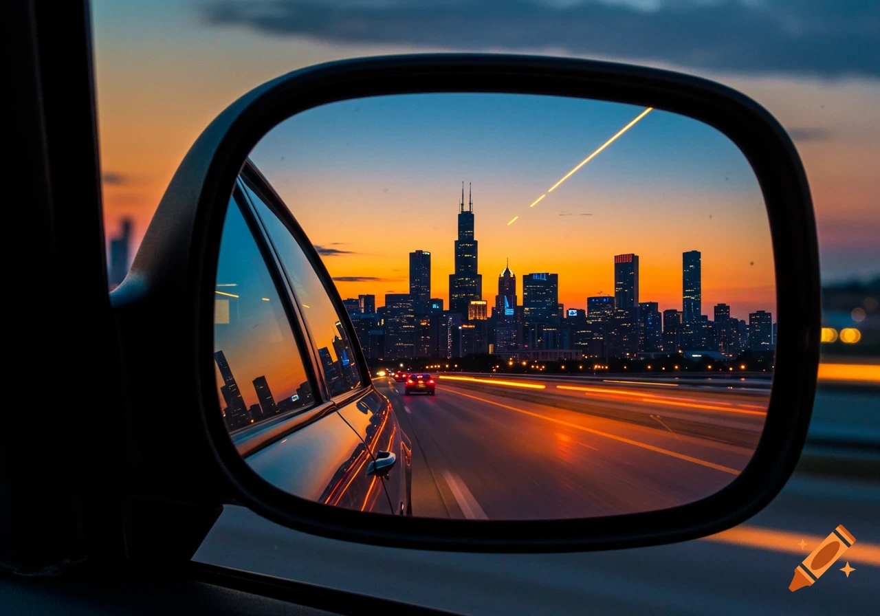 A photorealistic image shows the Chicago skyline at sunset reflected in a car's side mirror, with light trails from traffic on the road.