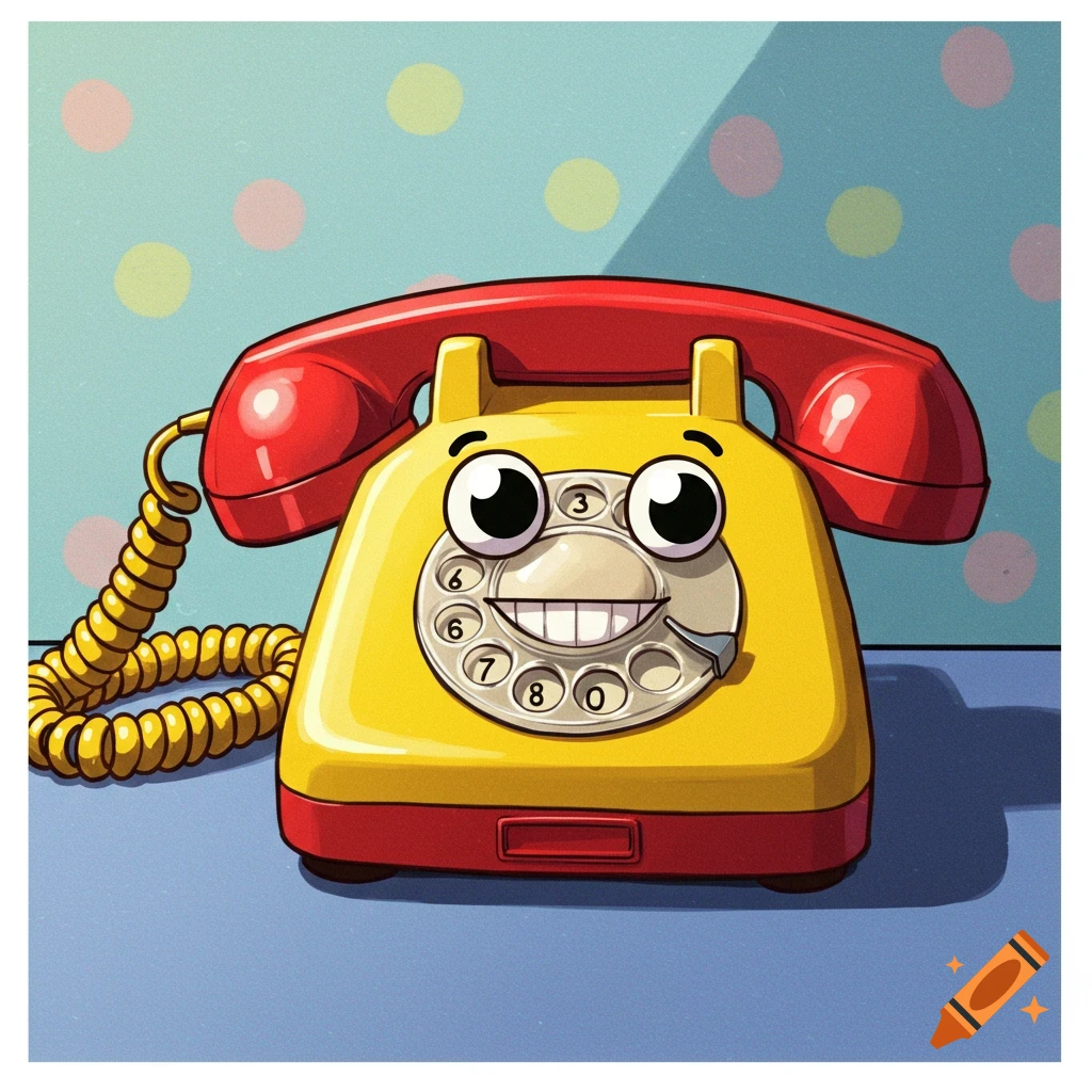 A cheerful yellow and red cartoon rotary phone with big eyes and a wide smile on a blue background with polka dots.