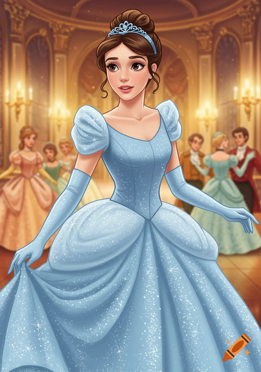 An animated illustration of Cinderella in a sparkly blue gown and tiara at a grand ball.