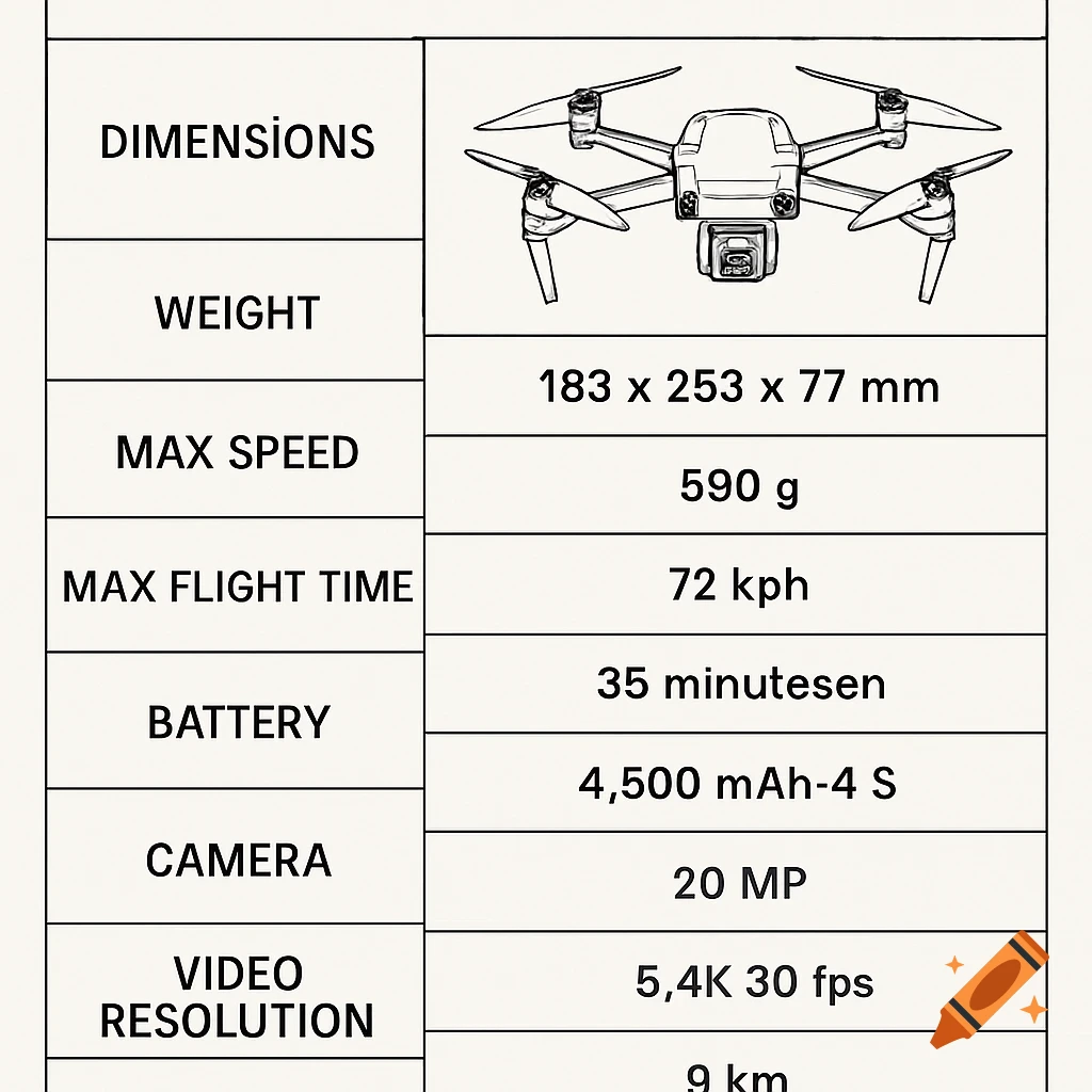 A technical spec sheet for a drone, featuring a line drawing of the drone on top and a table listing its dimensions, weight, max speed, max flight time, battery, camera, and video resolution.