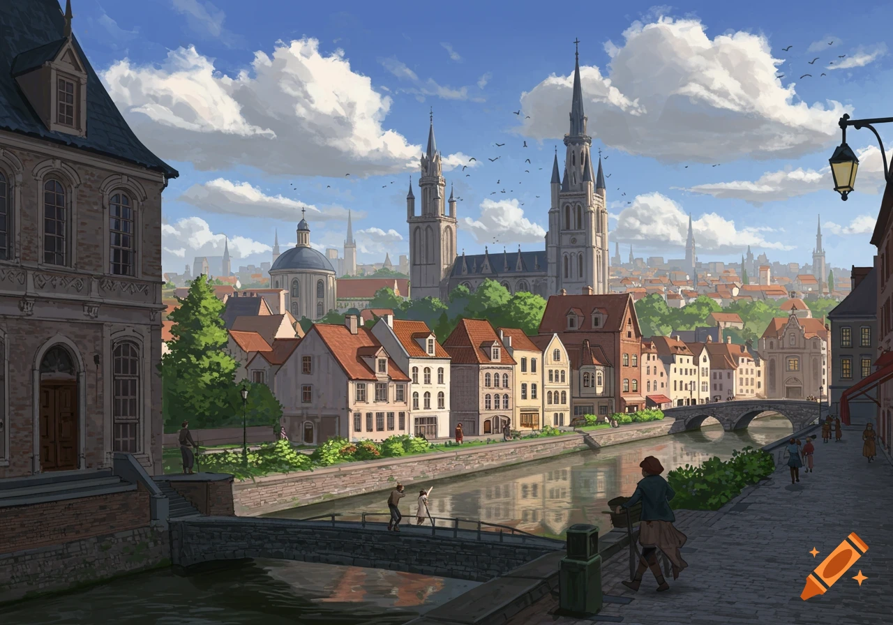 A scenic view of a European-style city with a river, bridges, and tall cathedrals under a blue sky with clouds.