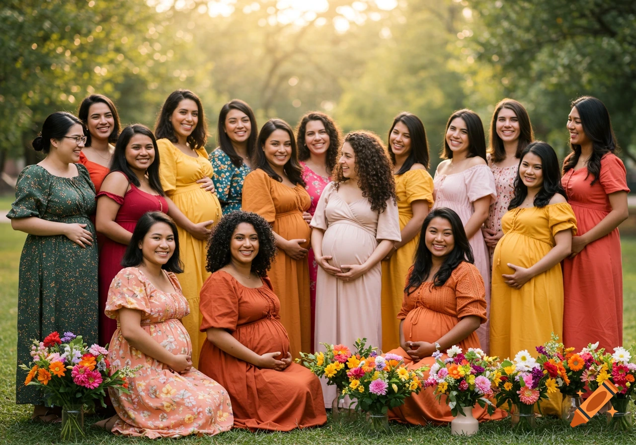 A large group of smiling pregnant women in colorful dresses posing outdoors, touching their baby bumps, with bouquets of flowers.