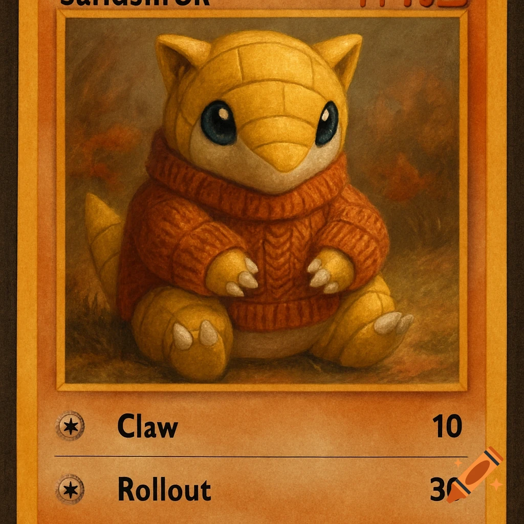 A cute, orange Sandshrew in a knitted sweater depicted on a Pokémon trading card in a painterly style.