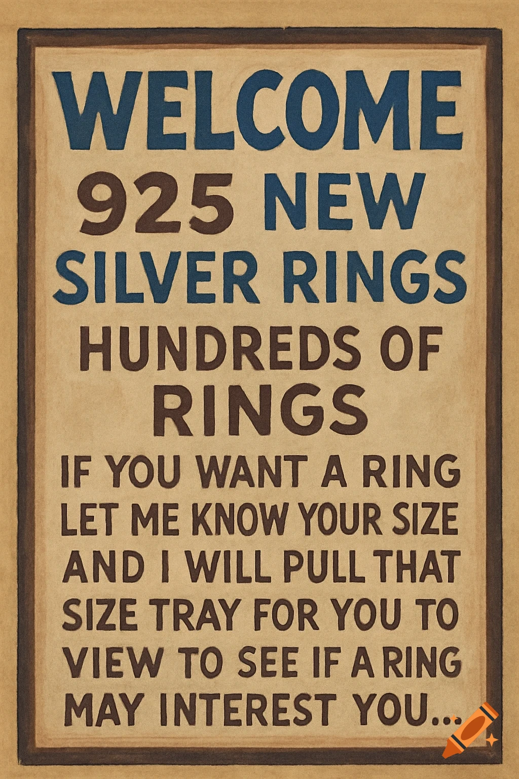 A rustic-looking sign with blue and brown text on a beige background, advertising '925 NEW SILVER RINGS' and offering to show customers different sizes.