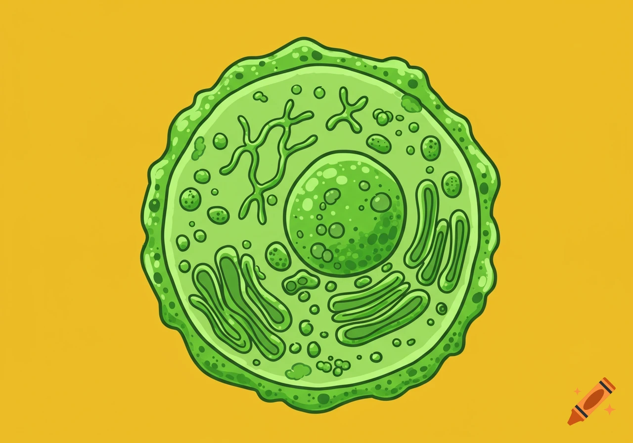 A cartoon illustration of a green biological cell with internal organelles on a yellow background.