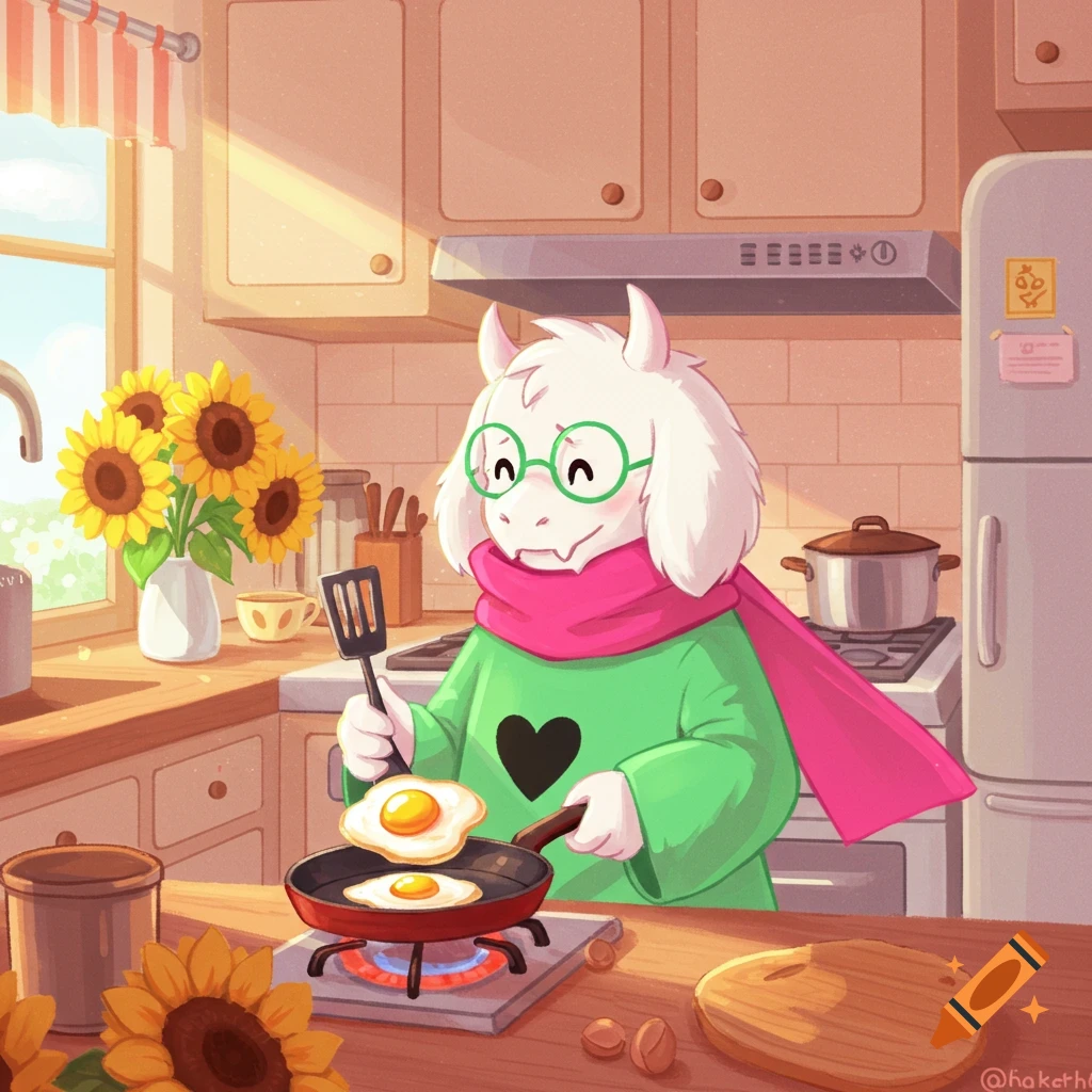 A fluffy white goat-like character wearing green and a pink scarf fries two eggs in a kitchen with sunflowers and sunlight streaming through a window.