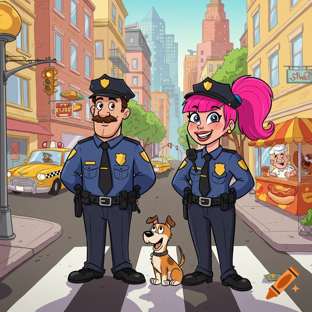 A male and female cartoon police officer with a dog stand on a city street with buildings and a hot dog stand in the background.