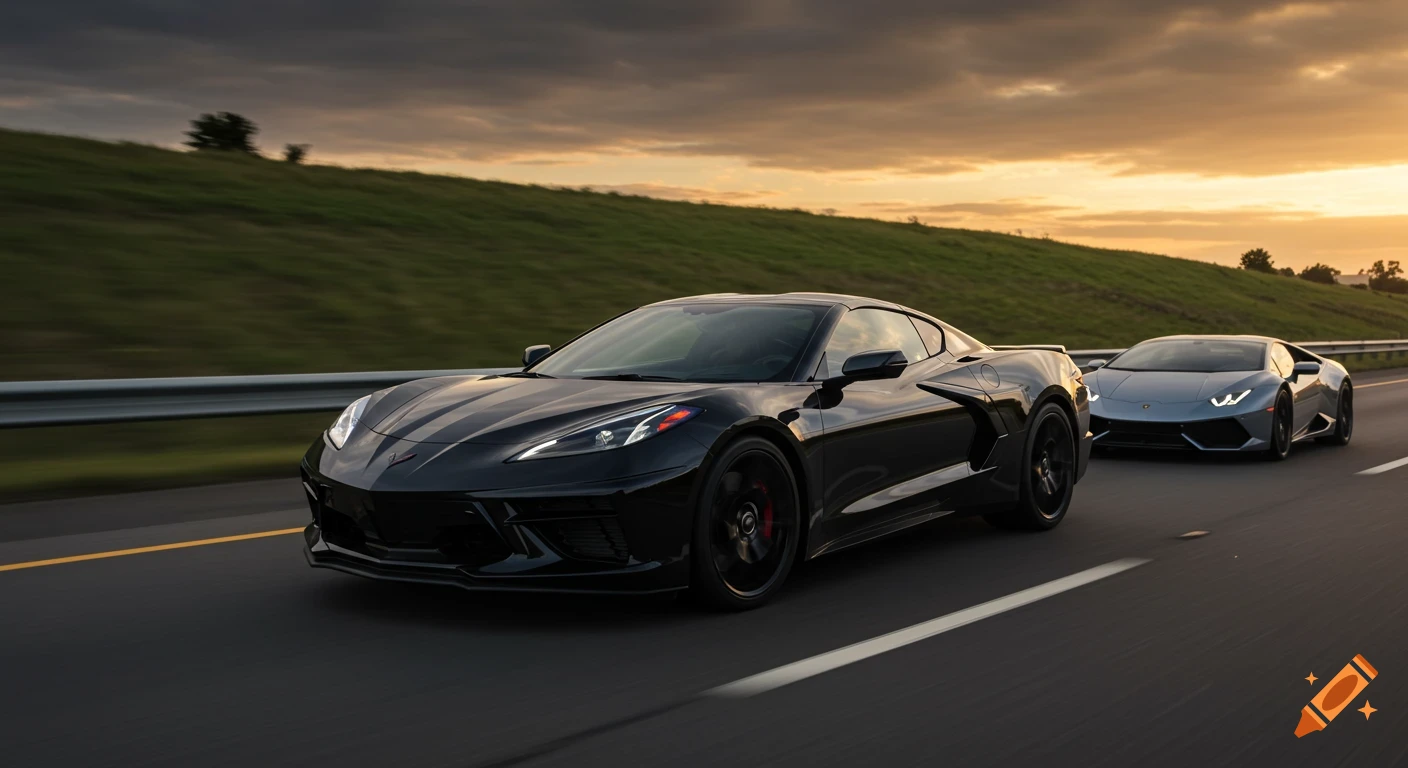 A black Chevrolet Corvette C8 and a silver Lamborghini Hurac orobablyn drive on a highway at sunset, with motion blur.