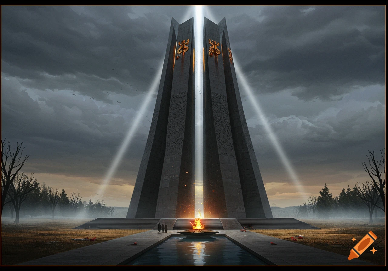 A massive, dark stone memorial with two towering obelisks rises towards a stormy sky, illuminated by shafts of light and a central fire pit. Three figures stand near the fire, with bare trees and a misty forest in the background.