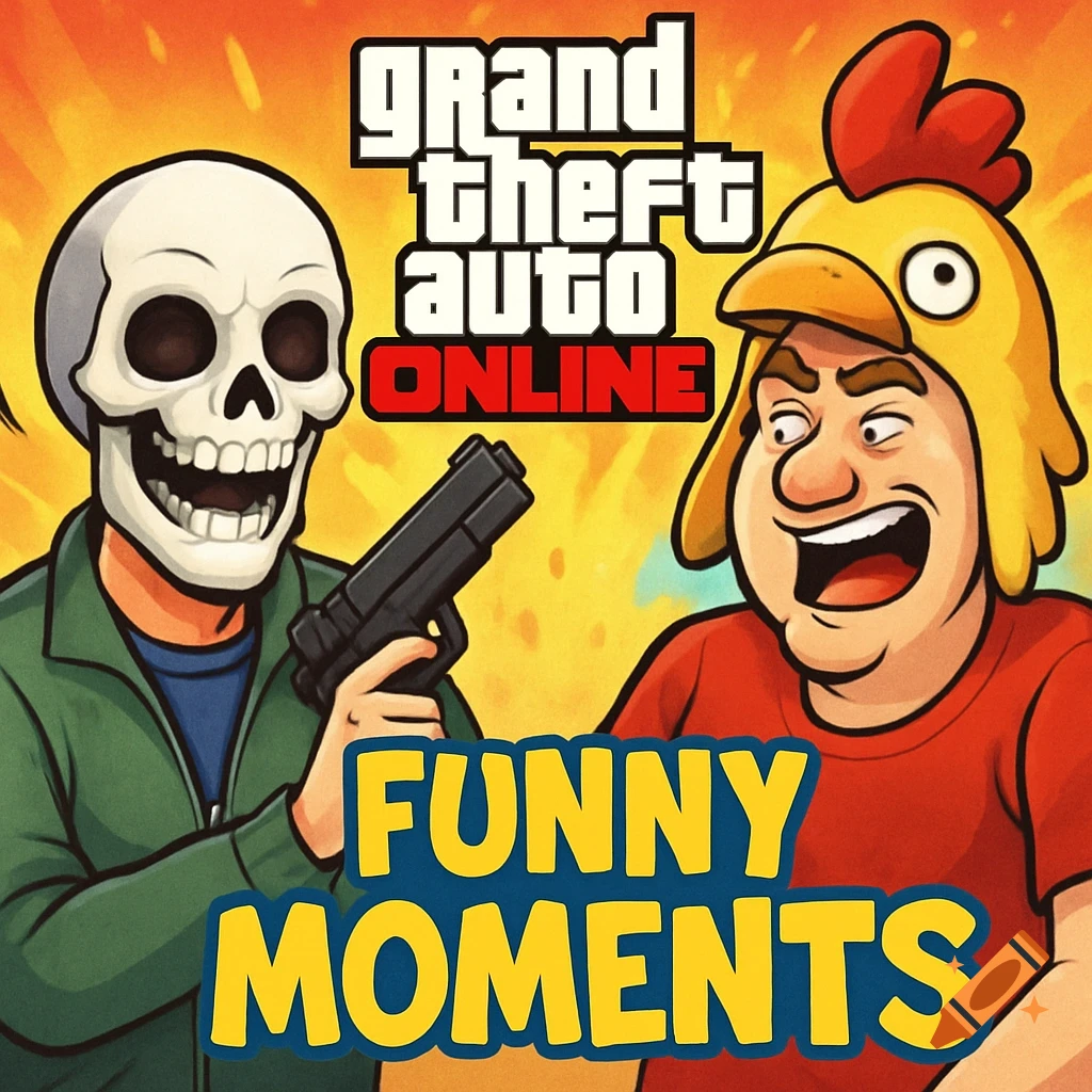 Cartoon of a man in a skull mask holding a gun next to a man in a chicken hat. Text reads 'Grand Theft Auto Online Funny Moments'.