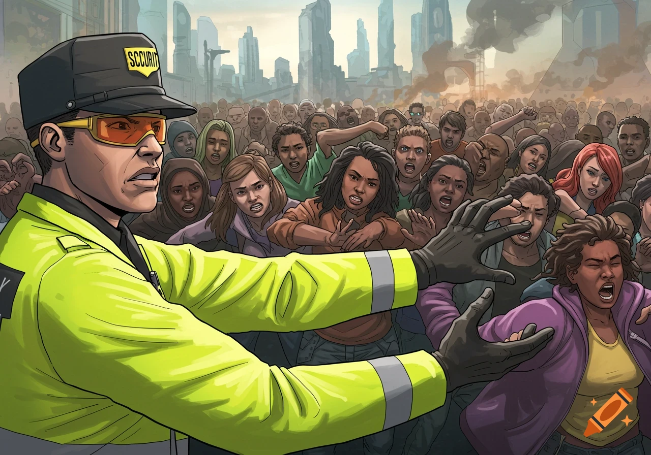 A security guard in a neon yellow jacket and cap holds back an angry crowd in a comic book illustration style.
