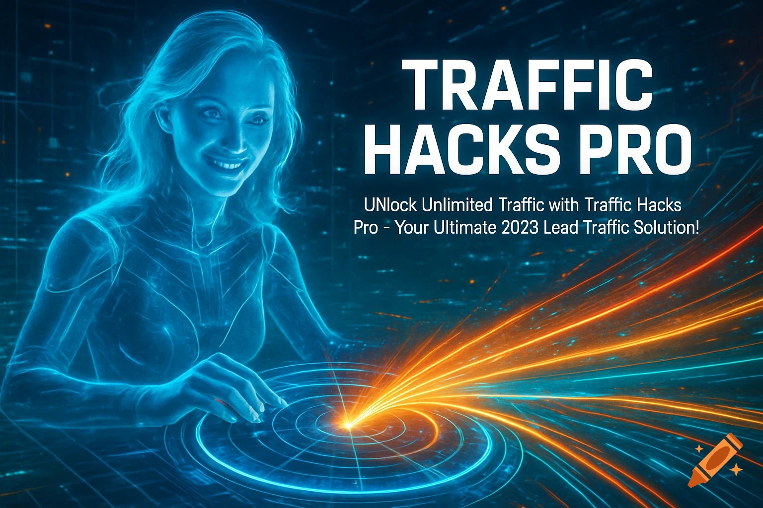 A glowing blue holographic woman operates a high-tech radar scanner emitting orange traffic streams. Bold white text reads 'Traffic Hacks Pro' with a tagline below, on a dark cyber-digital background.
