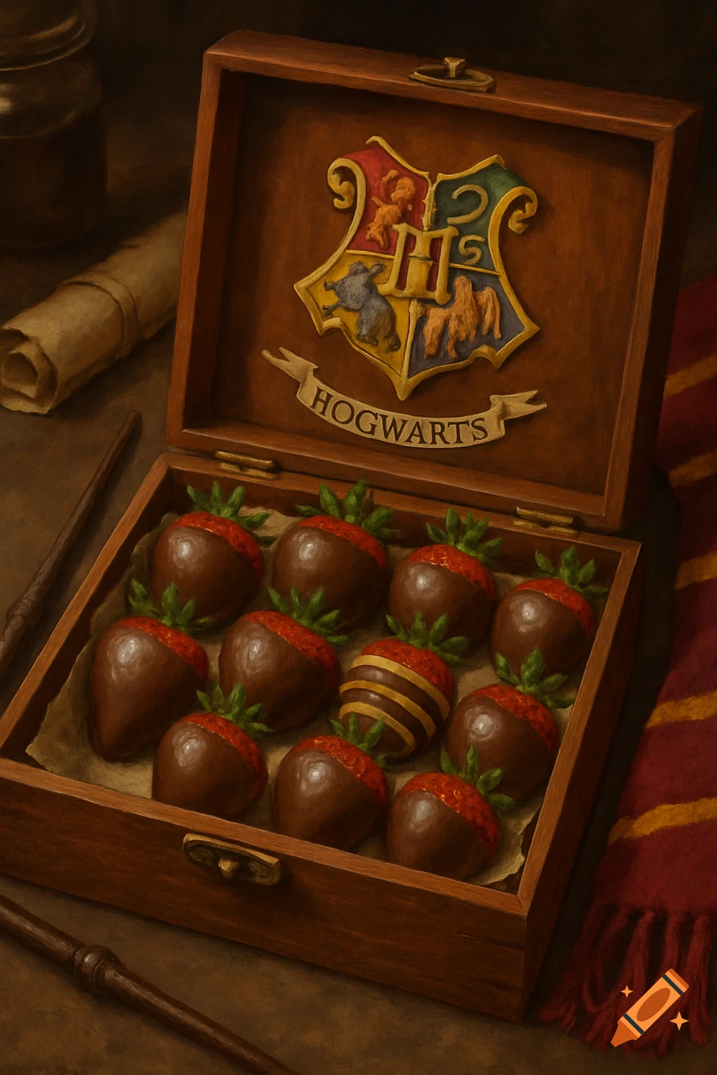 A wooden box with a Hogwarts crest open to reveal chocolate-dipped strawberries, beside a wand and a striped scarf.