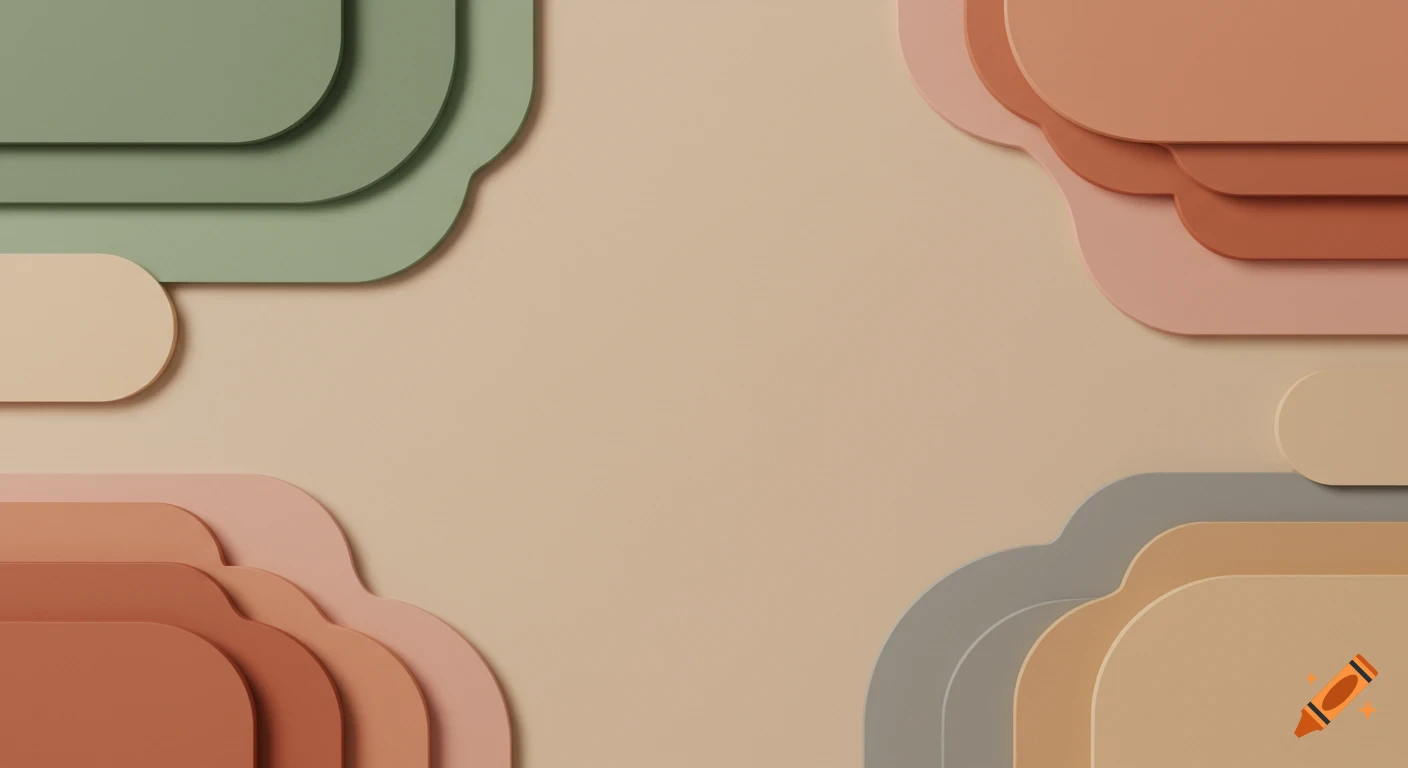 An abstract background with layered, organic geometric shapes in sage green, clay red, blush peach, and warm sand colors with soft shadows.