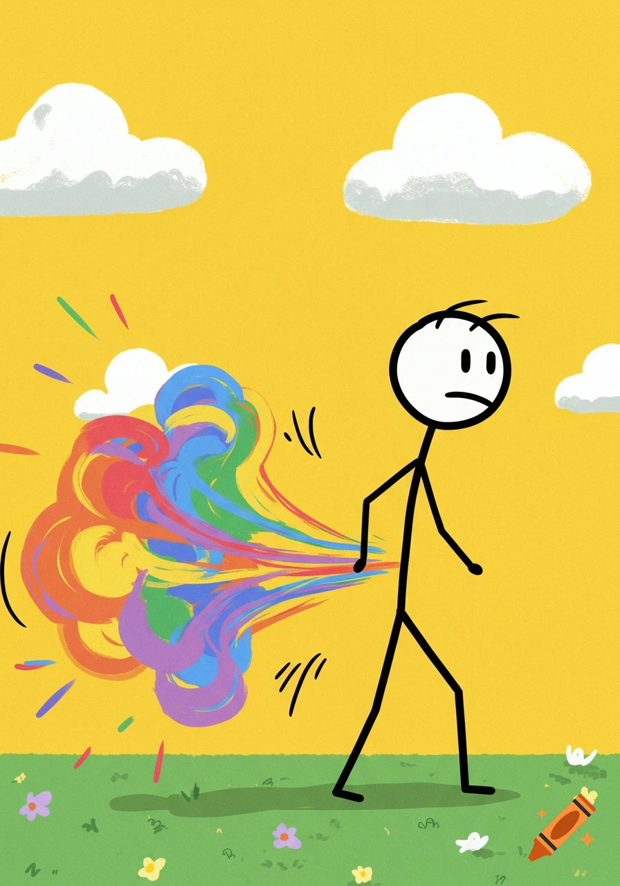 A simple cartoon stick figure farts a large cloud of colorful gas while walking across green grass under a yellow sky.