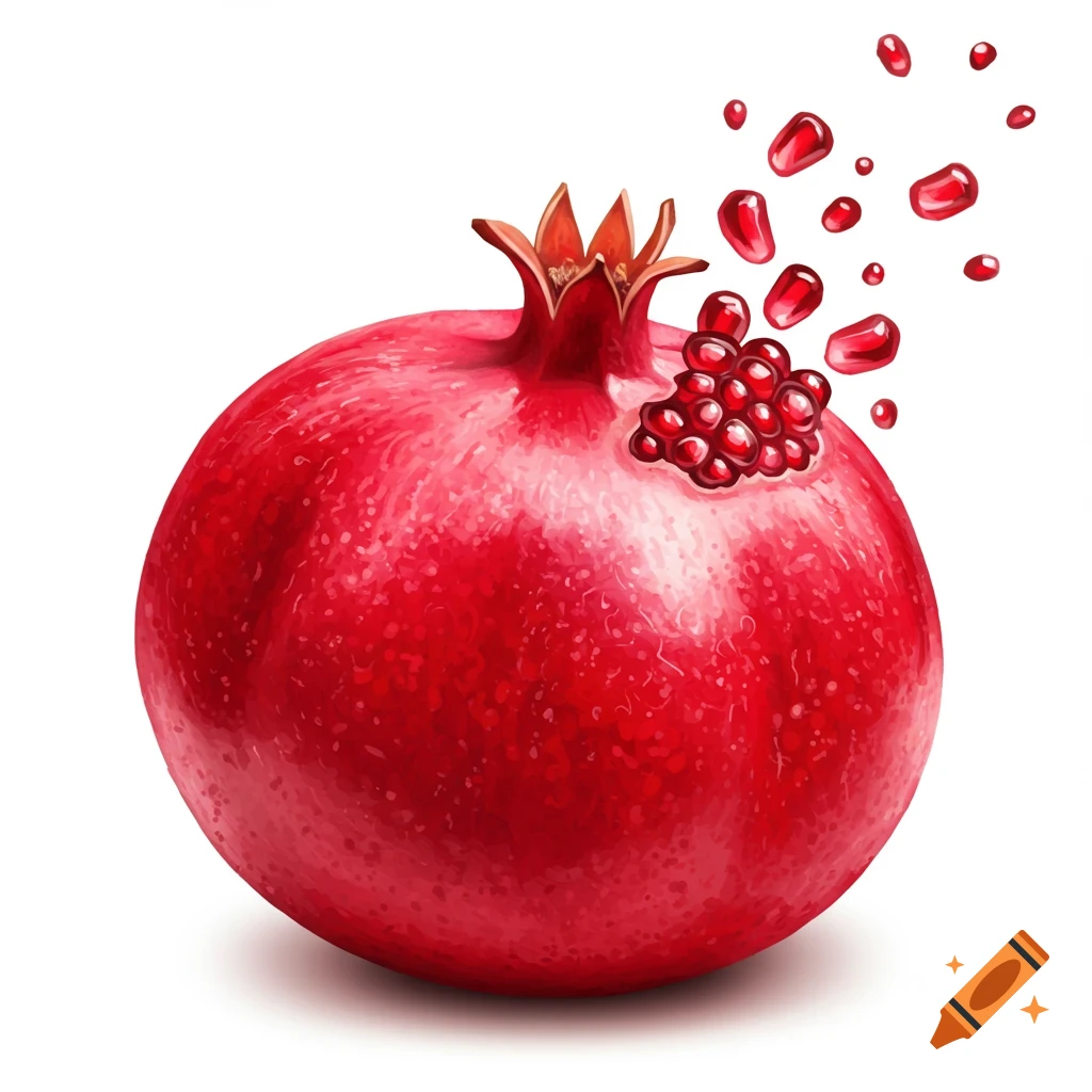 A vibrant red pomegranate with several seeds bursting from its side, against a clean white background.