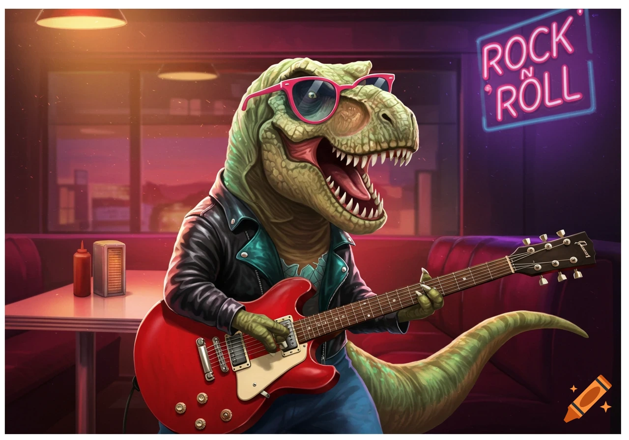A cool T-Rex wearing pink sunglasses and a leather jacket, playing a red electric guitar in a retro diner with a neon 'ROCK N' ROLL' sign.